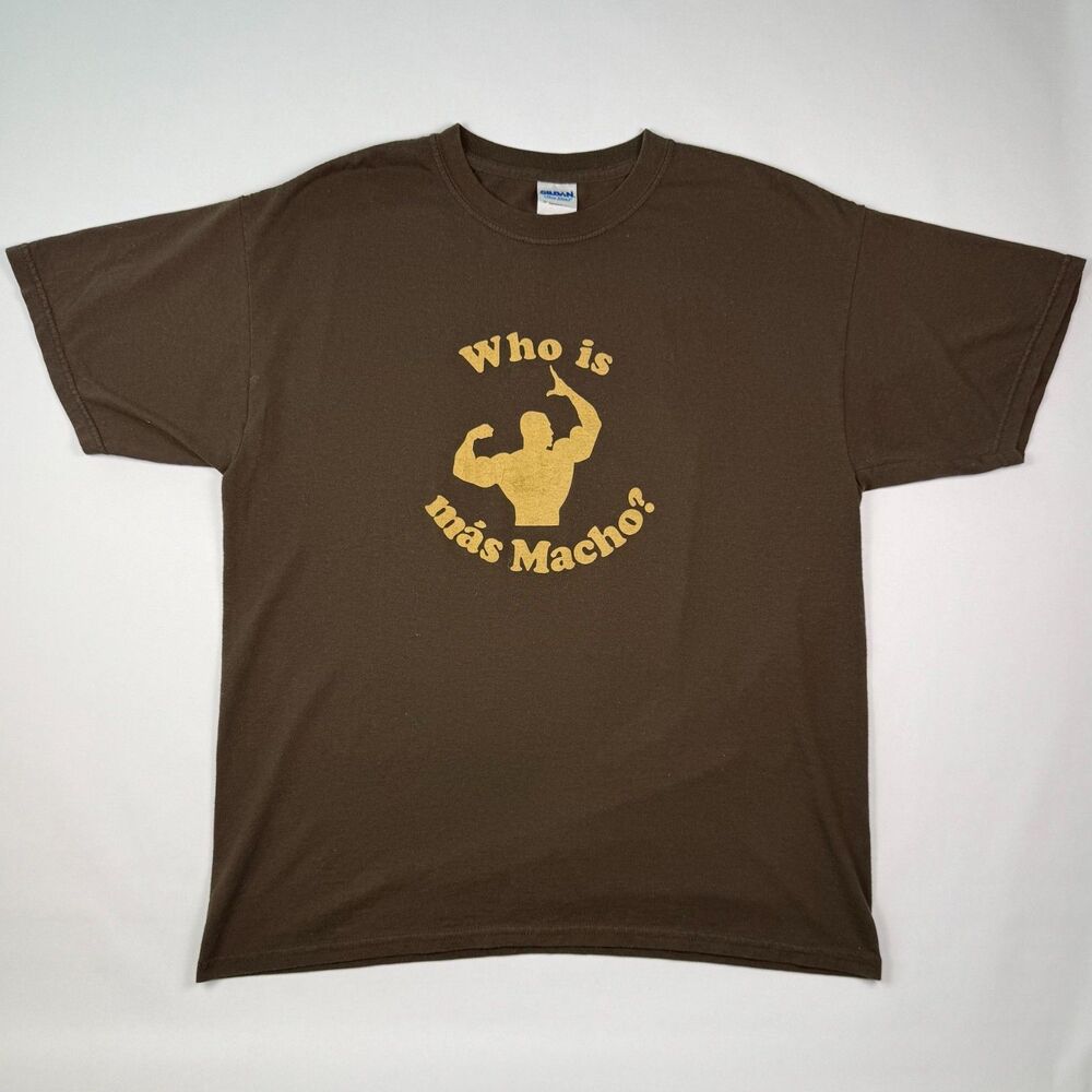 Vintage Y2K Who Is Mas Macho Novelty T-Shirt Large Brown Funny Tee